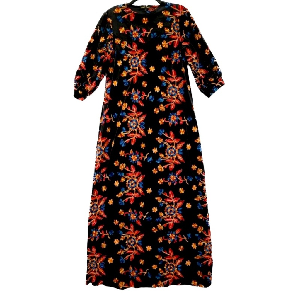 NEW Jackie O’ Loungewear Velvet Velour Maxi Dress Multicolor Floral Embroidery